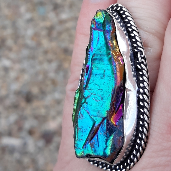 New Rainbow Titanium Crystal Quartz 925 Silver Statement Ring. - Picture 3 of 8